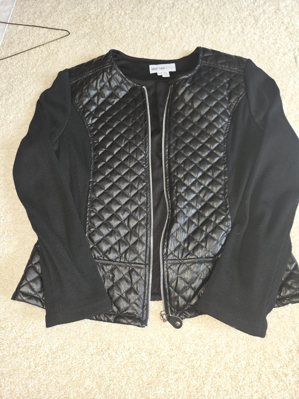 Lane Bryant Black Quilted Faux-Leather Panel Bomber Jacket